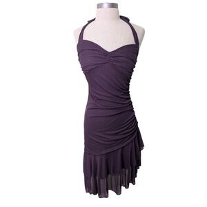 Y2K Purple Glitter Ruched Halter Neck Ruffle Hem Cocktail Dress Women Small